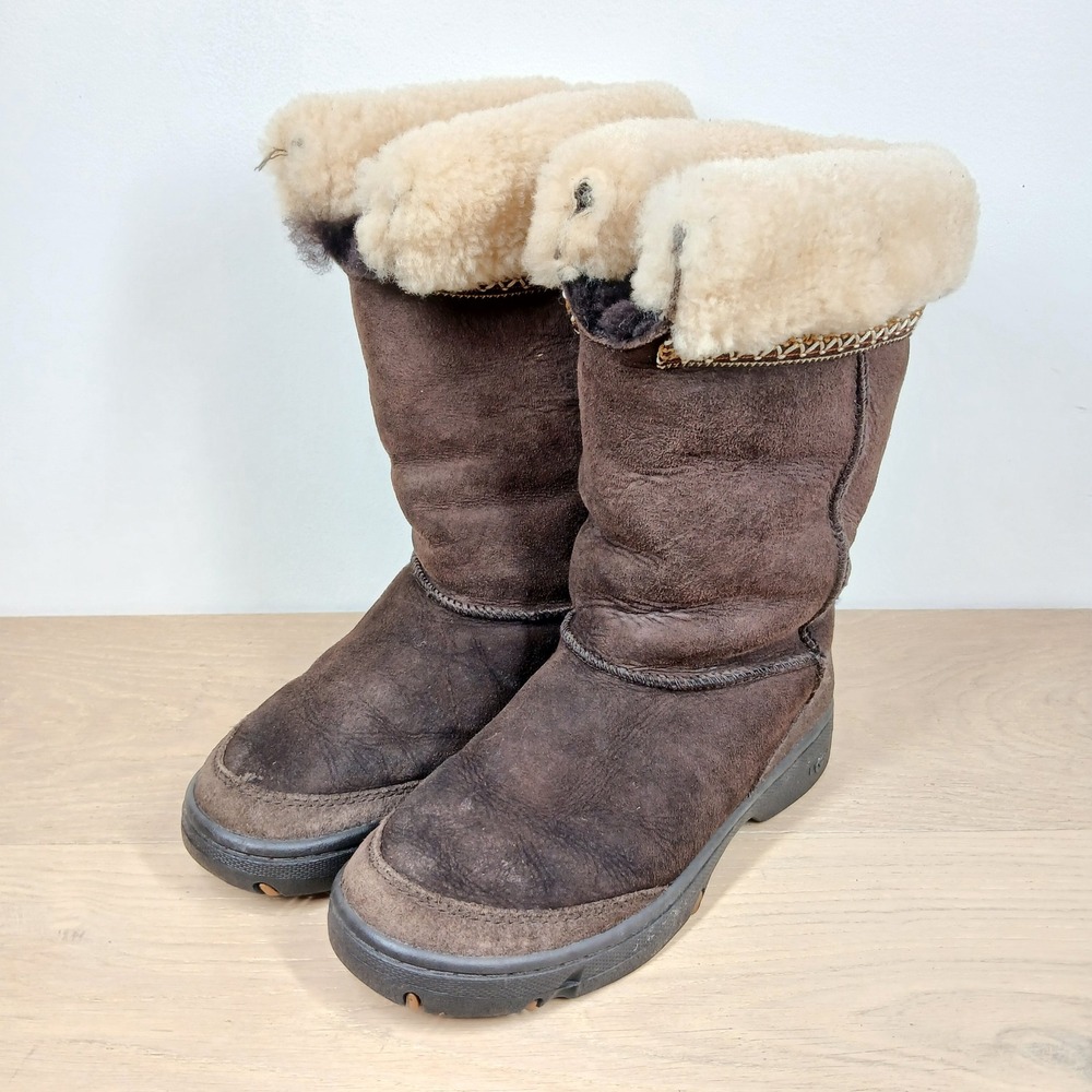 UGG Boots Women 7 Brown Suede Shearling Mid Calf Winter Cozy Y2K